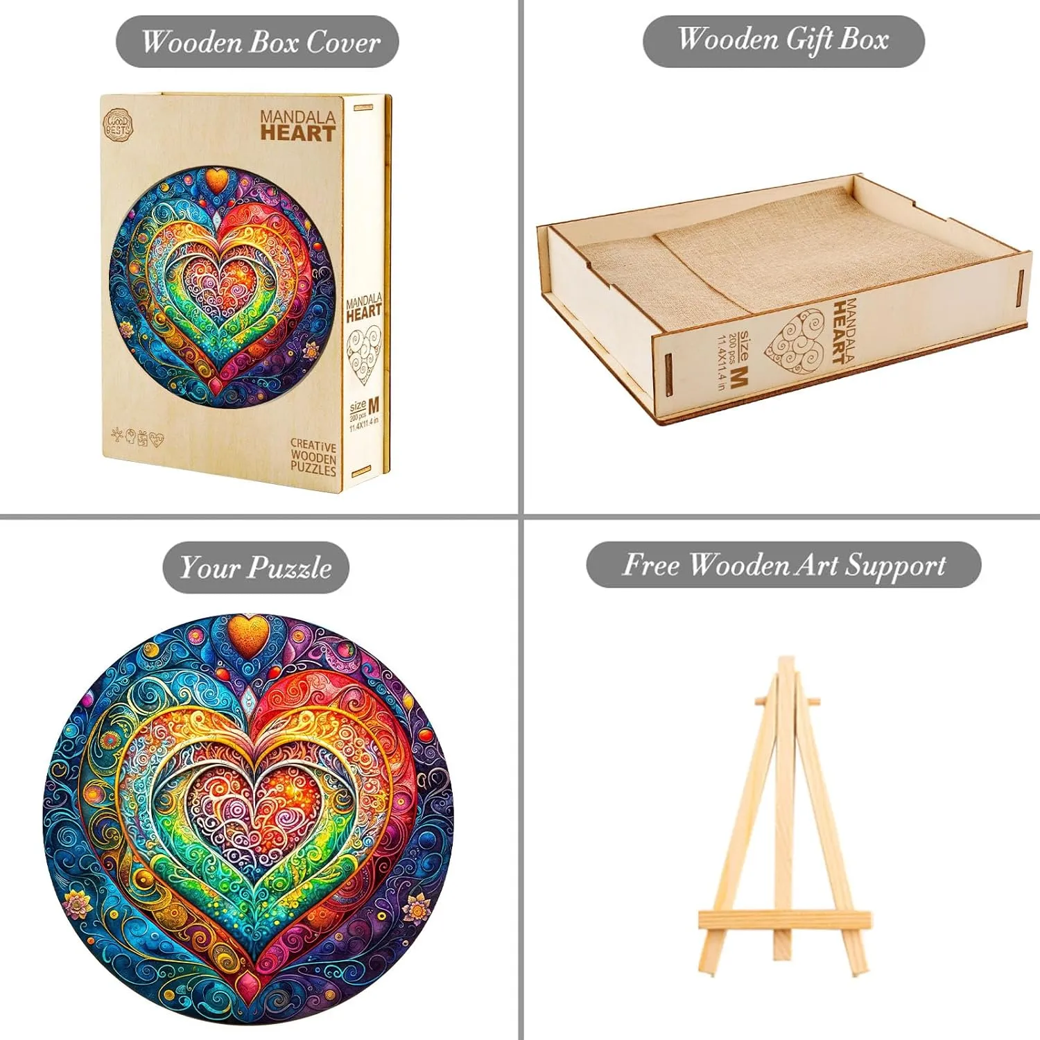 * 11.4 in-200pcs) KAAYEE Wooden Puzzles for Adults$ 3D Visual Effect Mandala Heart Wooden Jigsaw gatherer audience Puzzle Unique Shape Wood Puzzle Adult$ 3D Effect Flat Puzzle Birthday Family Game (M-11.4 