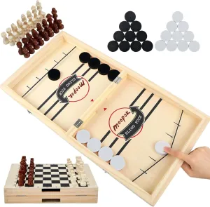 - 2 canal descriptive in1 Chess Board and Desktop Battle Super Winner Game,Fast Action Wooden Air Hockey Board Game,Adults and Kids Family Friend Funny Slingshot Game Toys Fast Sling Puck Game 