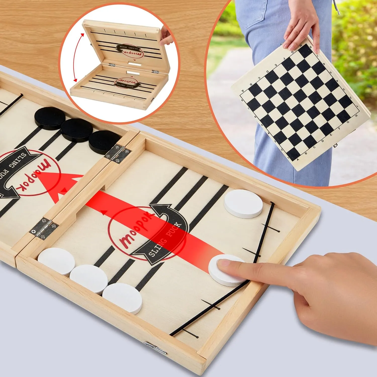 - 2 canal descriptive in1 Chess Board and Desktop Battle Super Winner Game,Fast Action Wooden Air Hockey Board Game,Adults and Kids Family Friend Funny Slingshot Game Toys Fast Sling Puck Game 