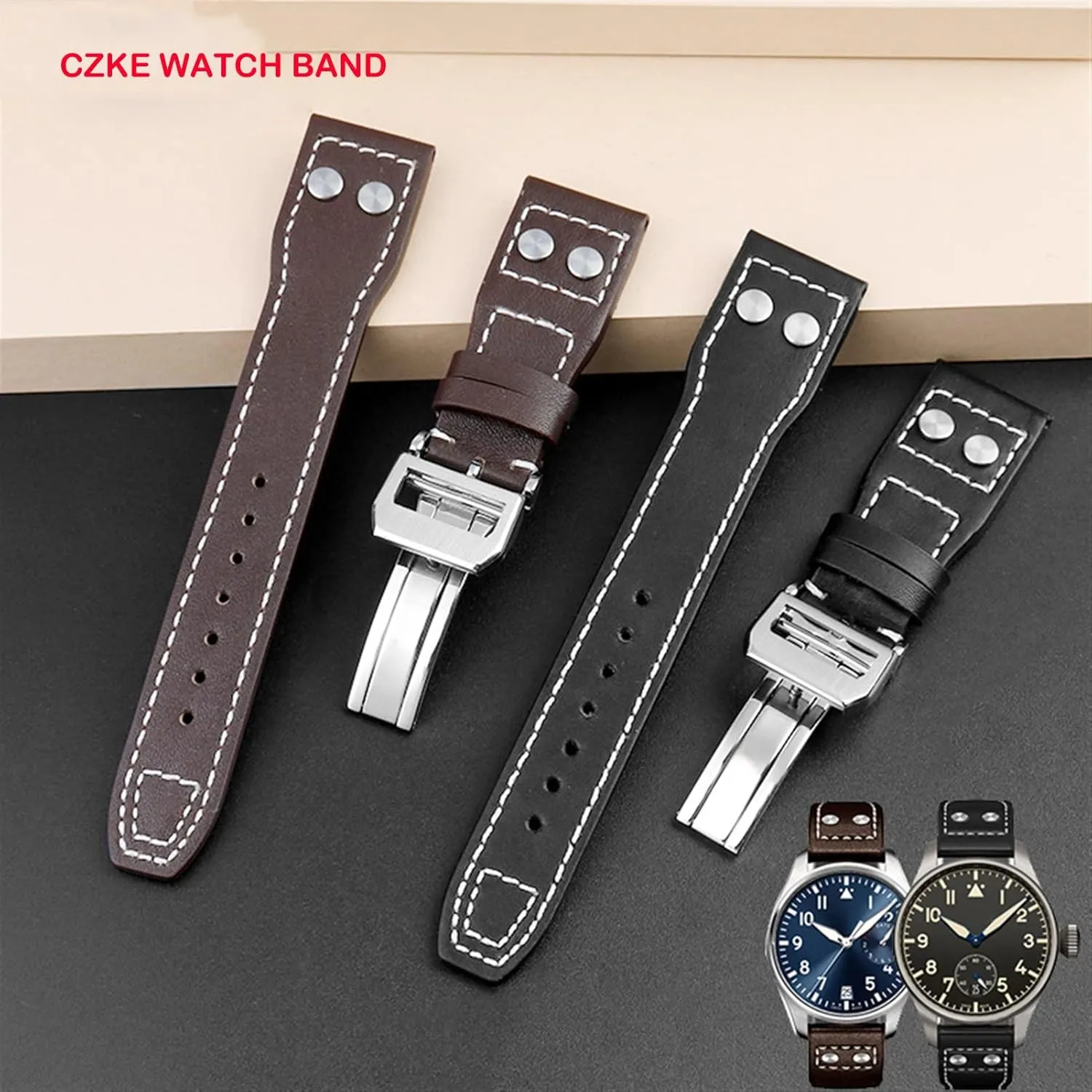 : 21mm) Genuine Leather Rivets Watchband for IWC Big Pilot Spitfire Cowhide Folding Buckle Watch belie stitch panel Men Strap 21mm 22mm (Color : 10mm Gold Clasp, Size 
