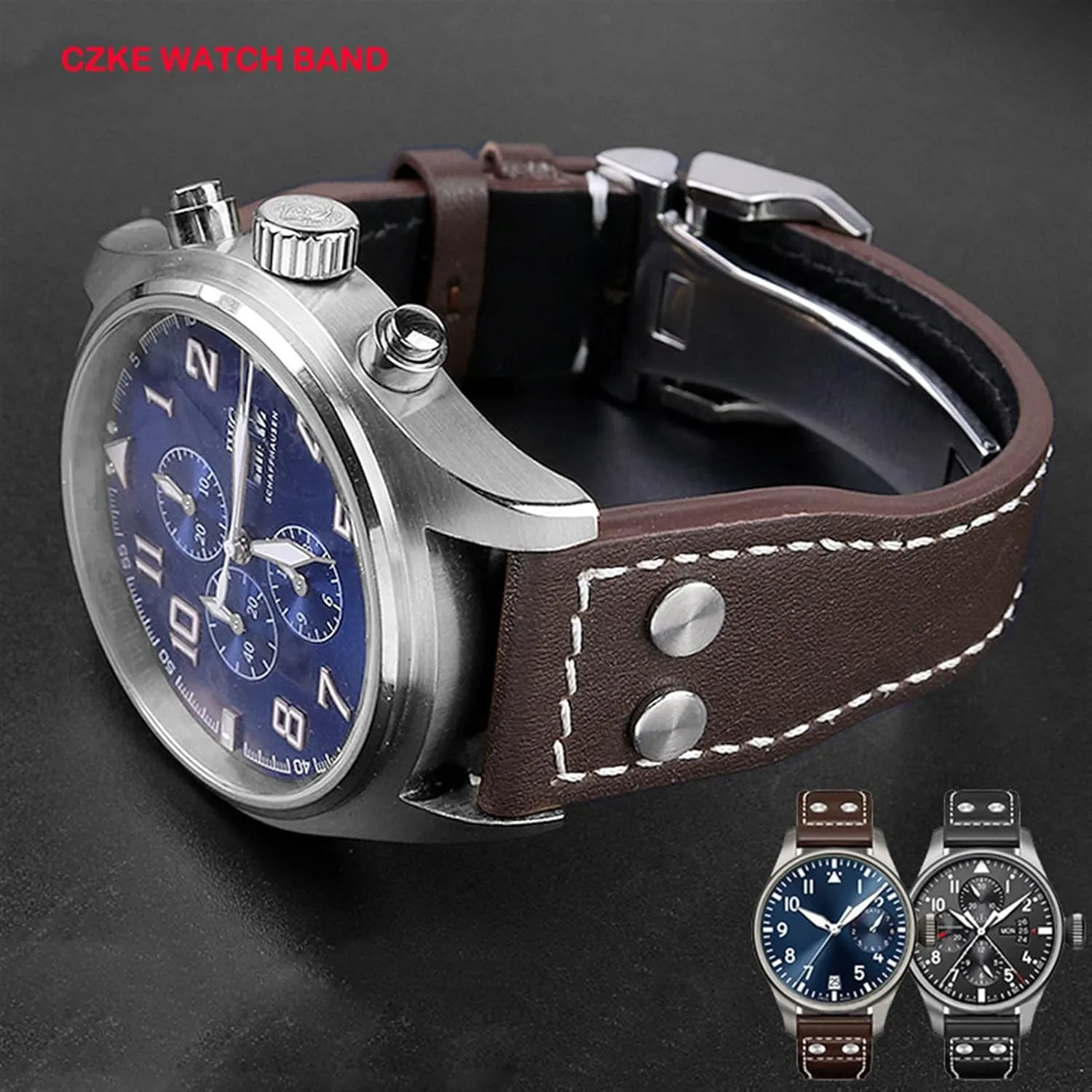 : 21mm) Genuine Leather Rivets Watchband for IWC Big Pilot Spitfire Cowhide Folding Buckle Watch belie stitch panel Men Strap 21mm 22mm (Color : 10mm Gold Clasp, Size 