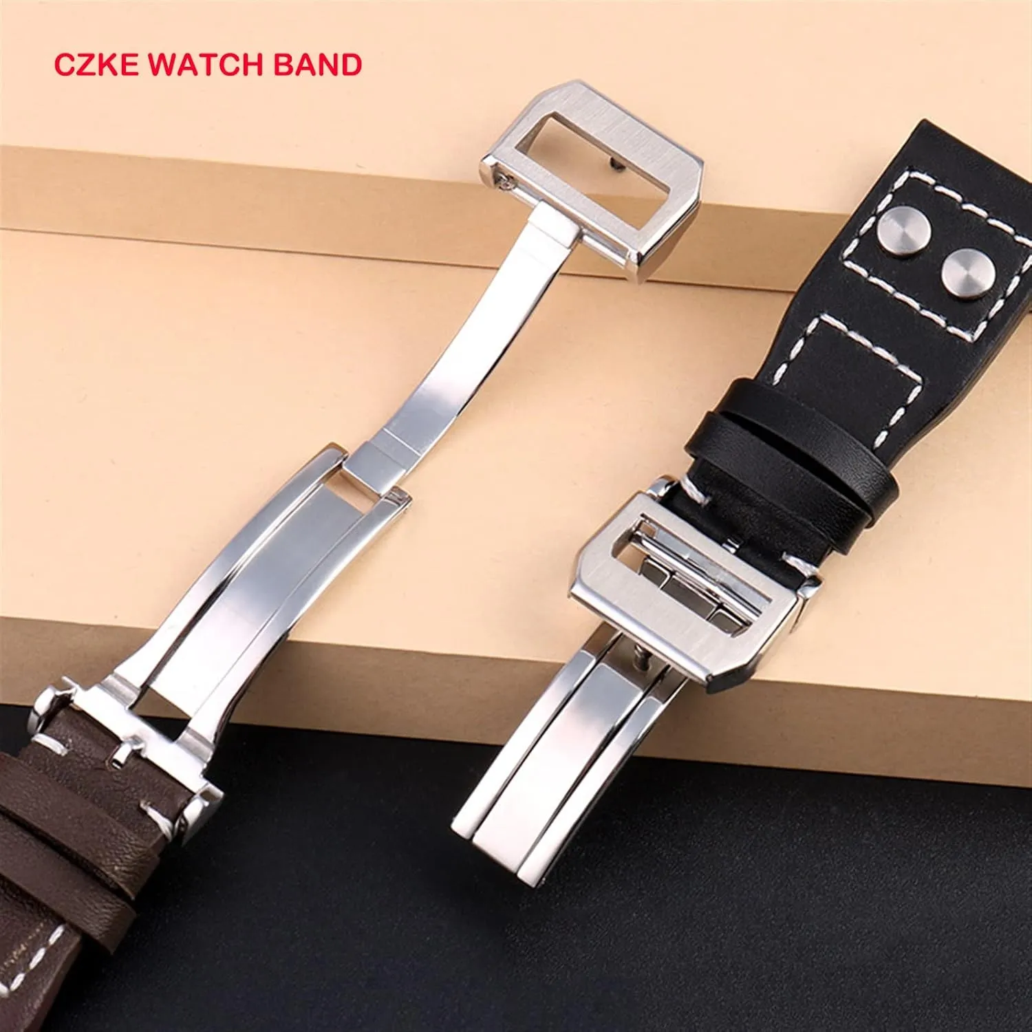 : 21mm) Genuine Leather Rivets Watchband for IWC Big Pilot Spitfire Cowhide Folding Buckle Watch belie stitch panel Men Strap 21mm 22mm (Color : 10mm Gold Clasp, Size 
