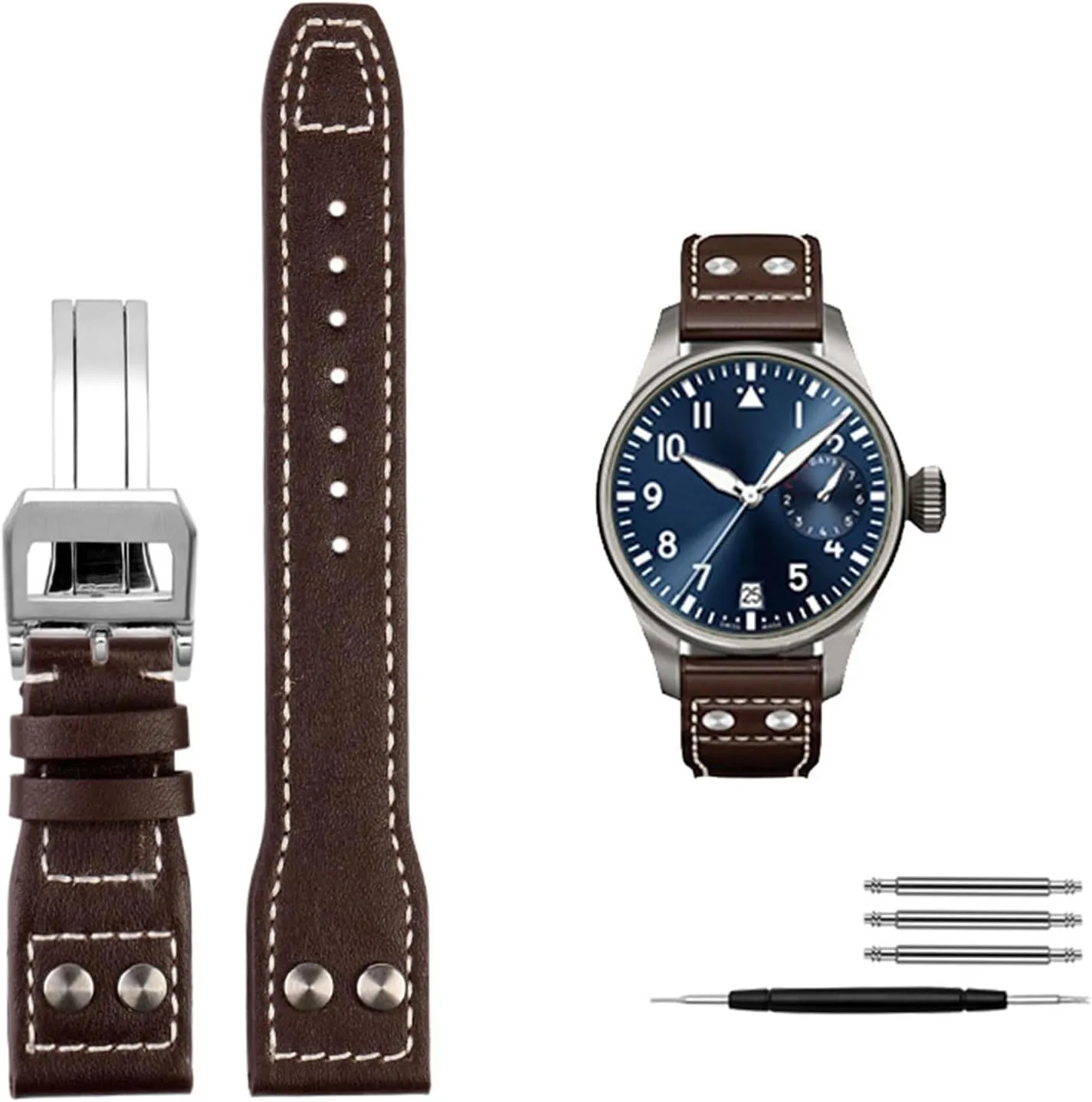 : 21mm) Genuine Leather Rivets Watchband for IWC Big Pilot Spitfire Cowhide Folding Buckle Watch belie stitch panel Men Strap 21mm 22mm (Color : 10mm Gold Clasp, Size 
