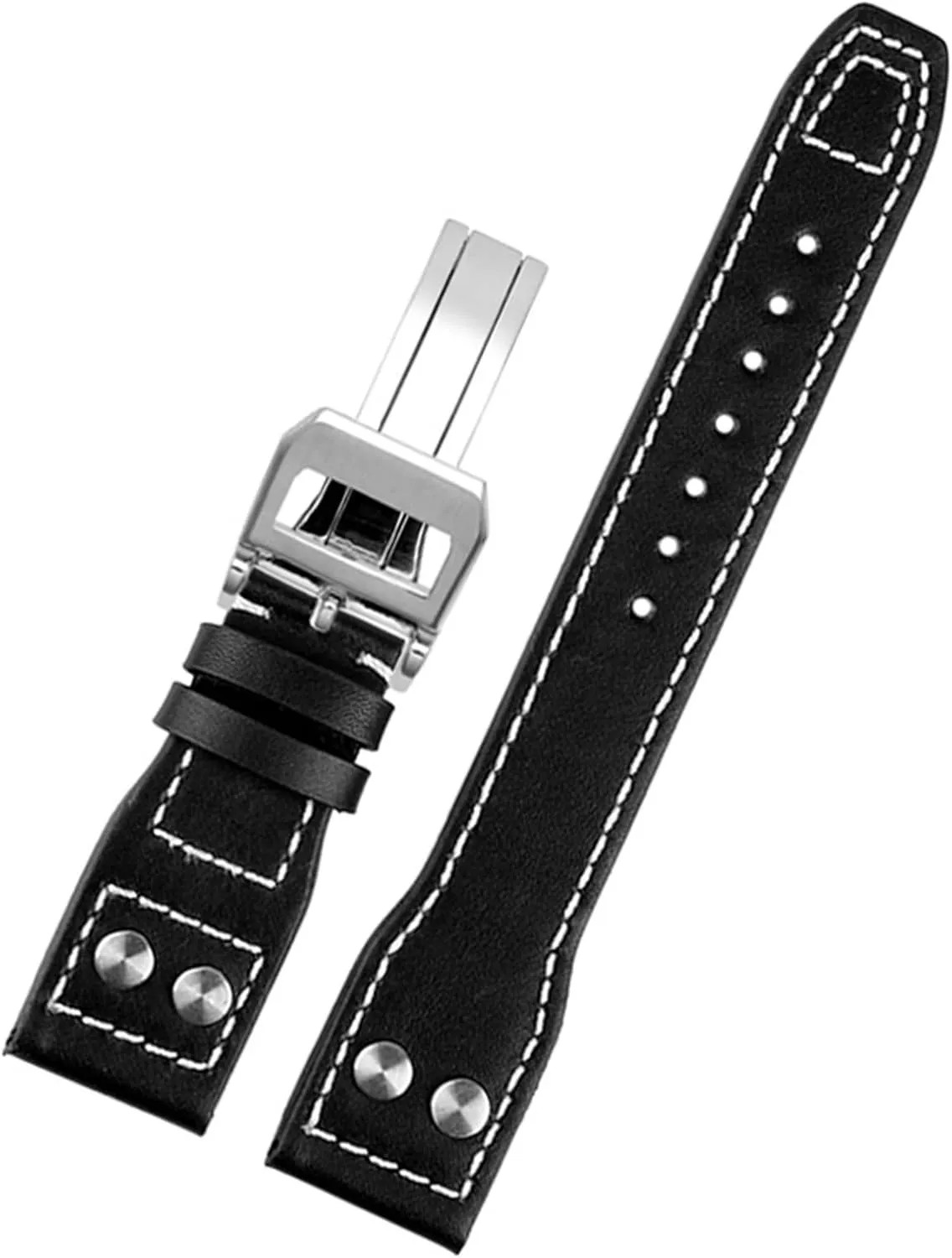 : 21mm) Genuine Leather Rivets Watchband for IWC Big Pilot Spitfire Cowhide Folding Buckle Watch belie stitch panel Men Strap 21mm 22mm (Color : 10mm Gold Clasp, Size 