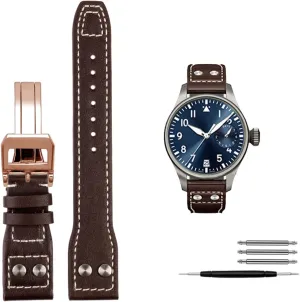 : 21mm) Genuine Leather Rivets Watchband for IWC Big Pilot Spitfire Cowhide Folding Buckle Watch belie stitch panel Men Strap 21mm 22mm (Color : 10mm Gold Clasp, Size 
