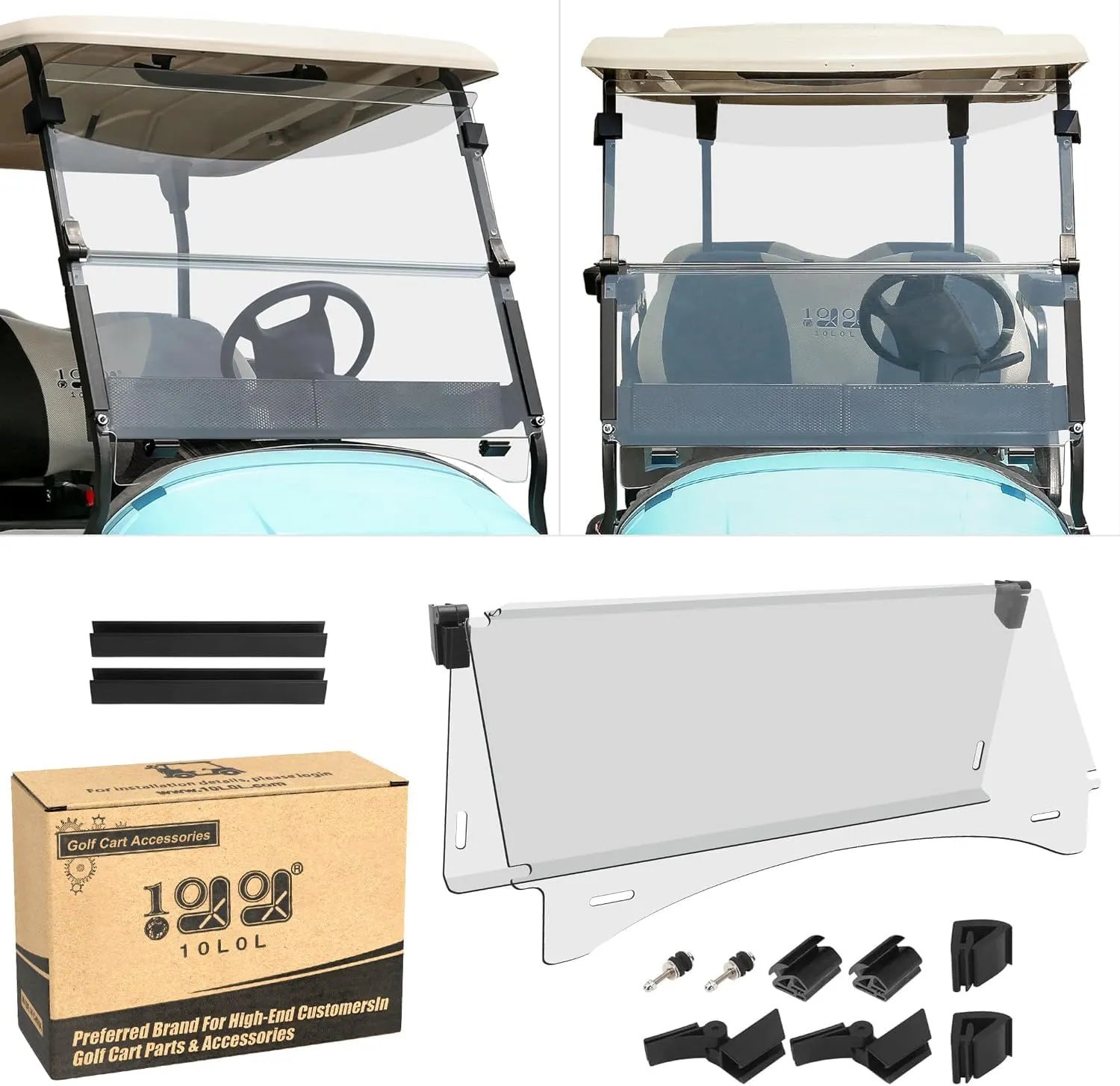 - 37.5" W X 33.6" H 10L0L Golf Cart Windshield for Club Car 2004-Up Precedent, 2017-up Onward and Tempo dead Gas or Electric, Clear / Tinted Windshield Fold Down Anti-UV Impact Resistant 
