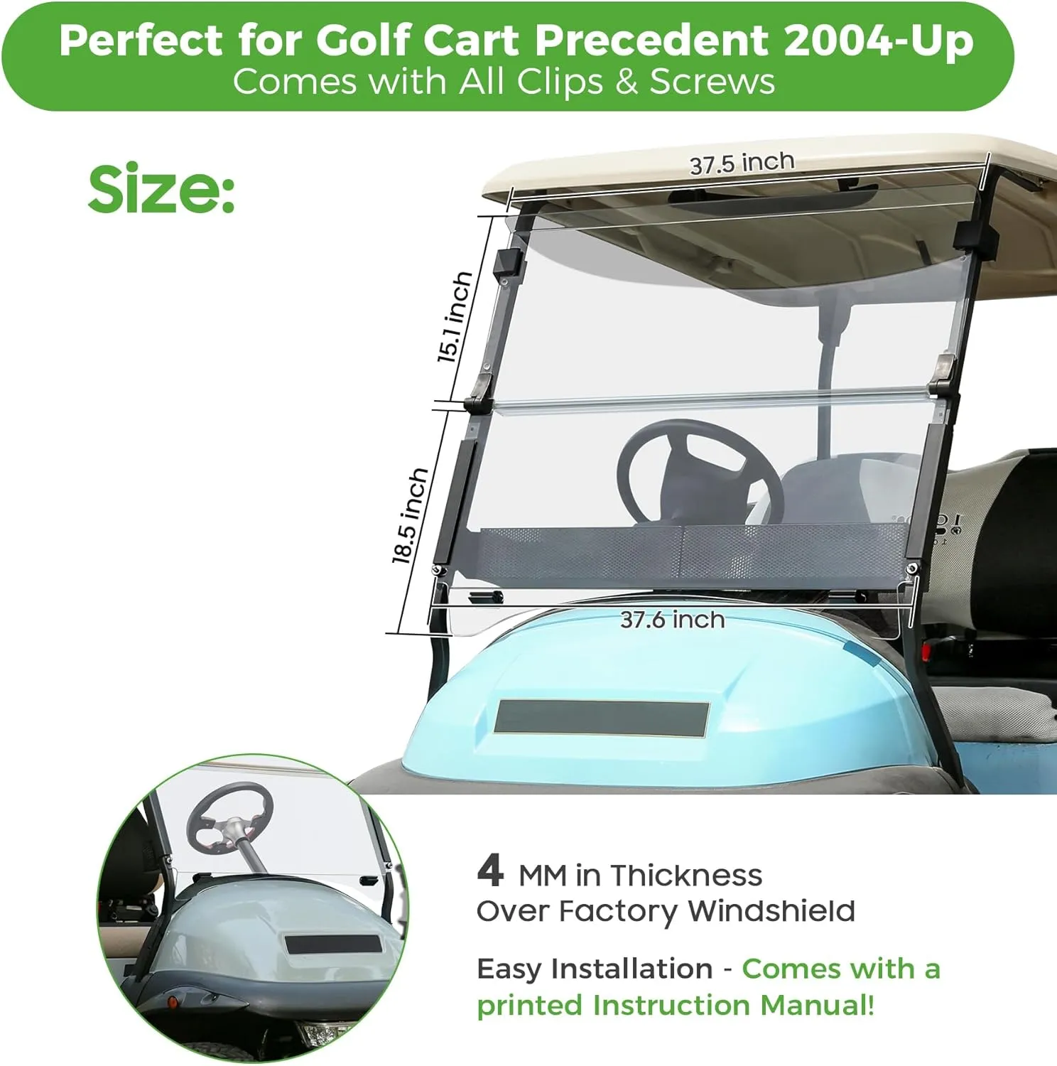 - 37.5" W X 33.6" H 10L0L Golf Cart Windshield for Club Car 2004-Up Precedent, 2017-up Onward and Tempo dead Gas or Electric, Clear / Tinted Windshield Fold Down Anti-UV Impact Resistant 