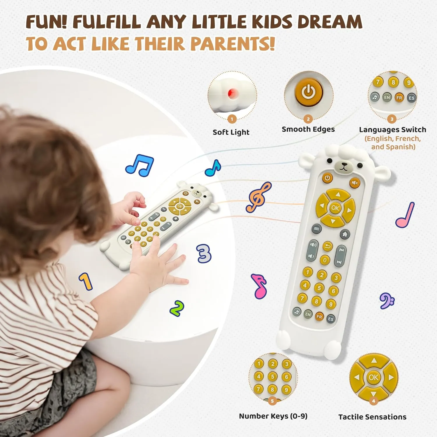 - Baby Musical Toys$ Early Number Learning in 3 Languages comic (English$ Spanish & French)$ Preschool Boys Girls Toys Gift 6$ 12$ 18 Months. Baby Remote Control Toy 