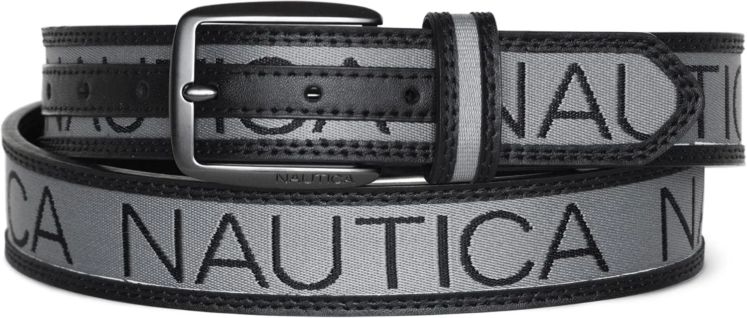| Metal Buckle Nautica Men's Signature Leather and ally immense morphology rite Canvas Belt | Ribbon Detail | Flag Design | Classic | Casual 