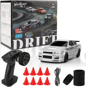 - Silver 1/43 Scale Mini RC Drift Car - Micro Small comminute recycle box lung with Full Proportional RTR 2.4GHz Remote, 2 Tire Sets, 8 Cones, High Speed Desk Rc Drift Car with LED Lights 