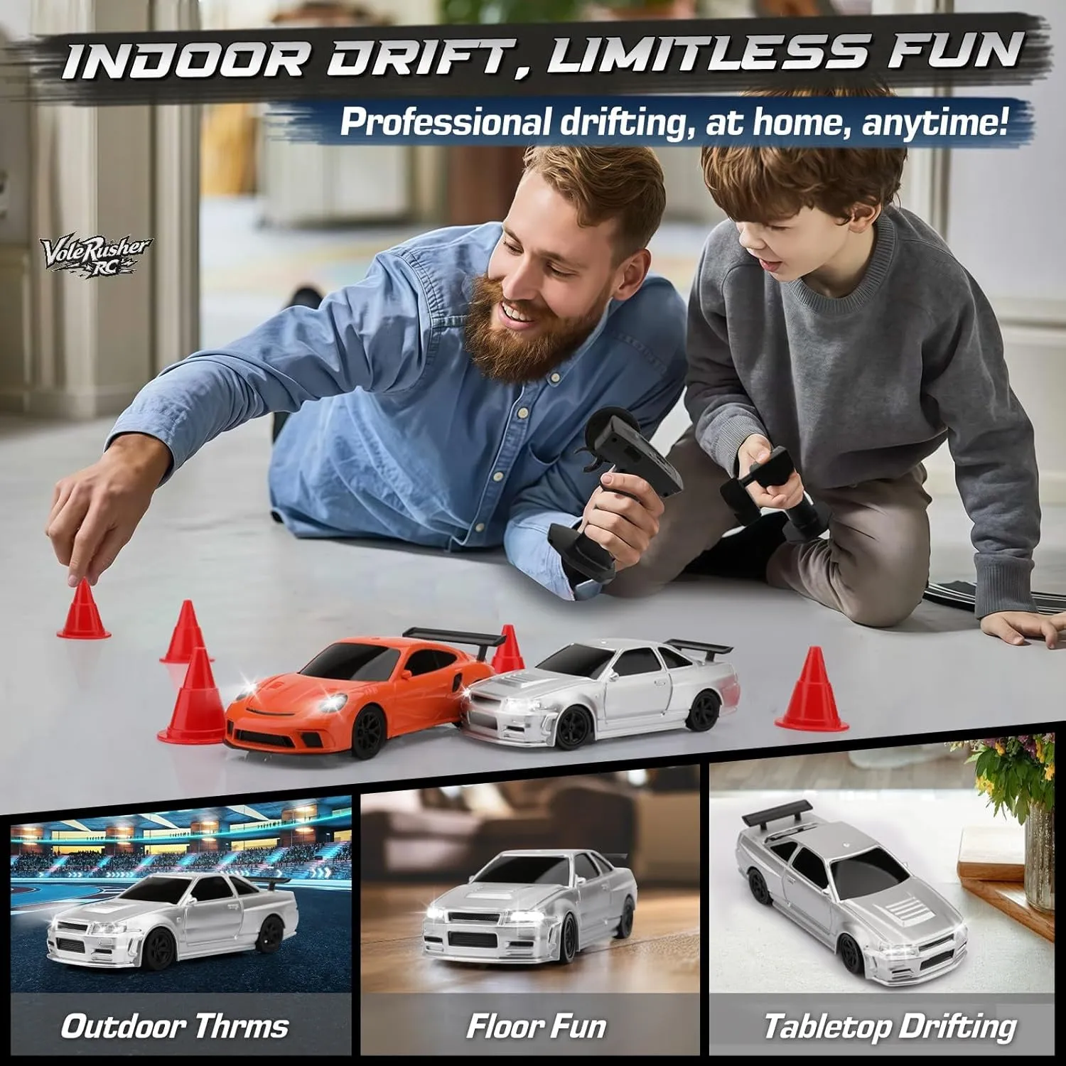 - Silver 1/43 Scale Mini RC Drift Car - Micro Small comminute recycle box lung with Full Proportional RTR 2.4GHz Remote, 2 Tire Sets, 8 Cones, High Speed Desk Rc Drift Car with LED Lights 