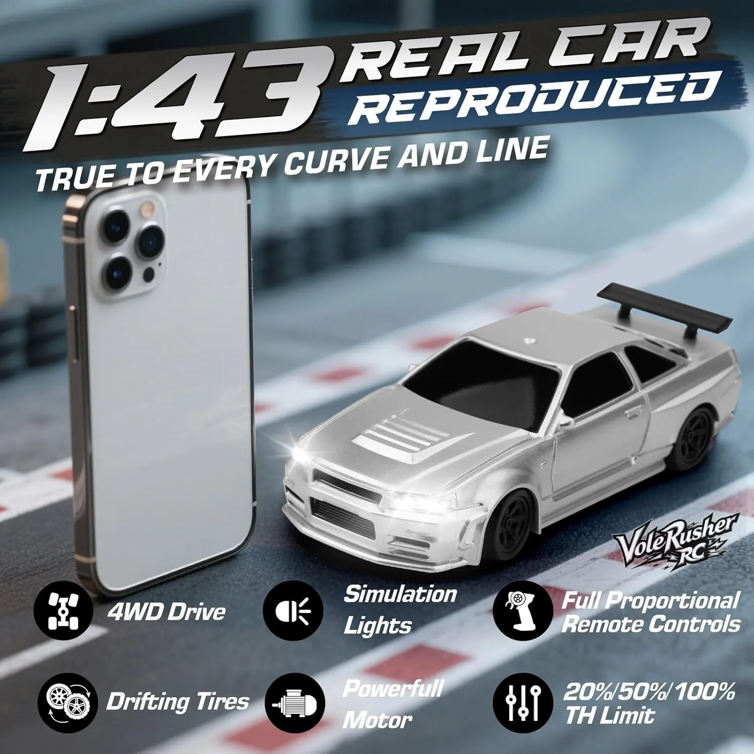 - Silver 1/43 Scale Mini RC Drift Car - Micro Small comminute recycle box lung with Full Proportional RTR 2.4GHz Remote, 2 Tire Sets, 8 Cones, High Speed Desk Rc Drift Car with LED Lights 