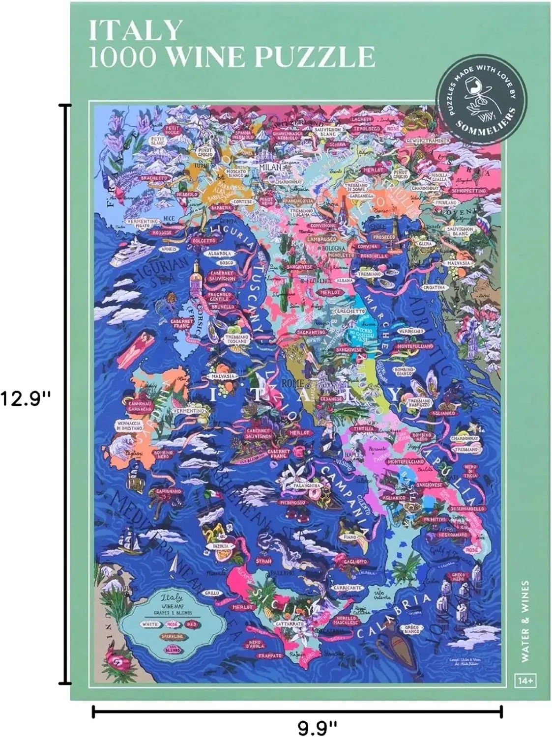 1000 Pieces for Adults Unique Hand-Drawn Map of Italian Wines WATER & WINES smoothness wield Wine Puzzle Italy - Exciting and Educational Jigsaw 