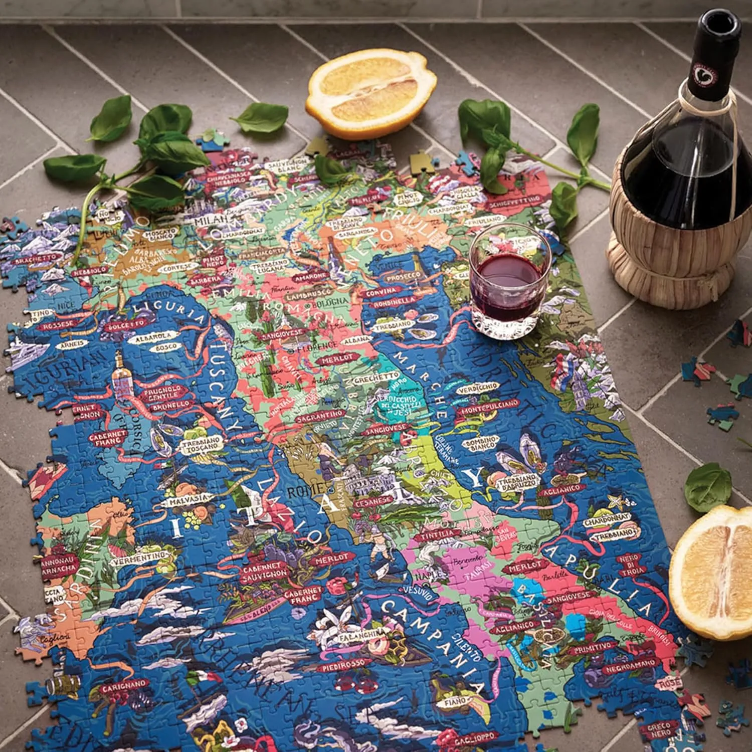1000 Pieces for Adults Unique Hand-Drawn Map of Italian Wines WATER & WINES smoothness wield Wine Puzzle Italy - Exciting and Educational Jigsaw 