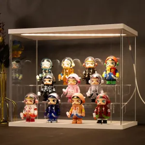 10.4" H, White Nynelly Acrylic Display Case with Light, 3 Tier Clear Display Box enhance concentration Stand for Collectibles, Mini Figures Toy, Assembly Countertop Dustproof Showcase with Door, 12.4" L x 7.1" W x 