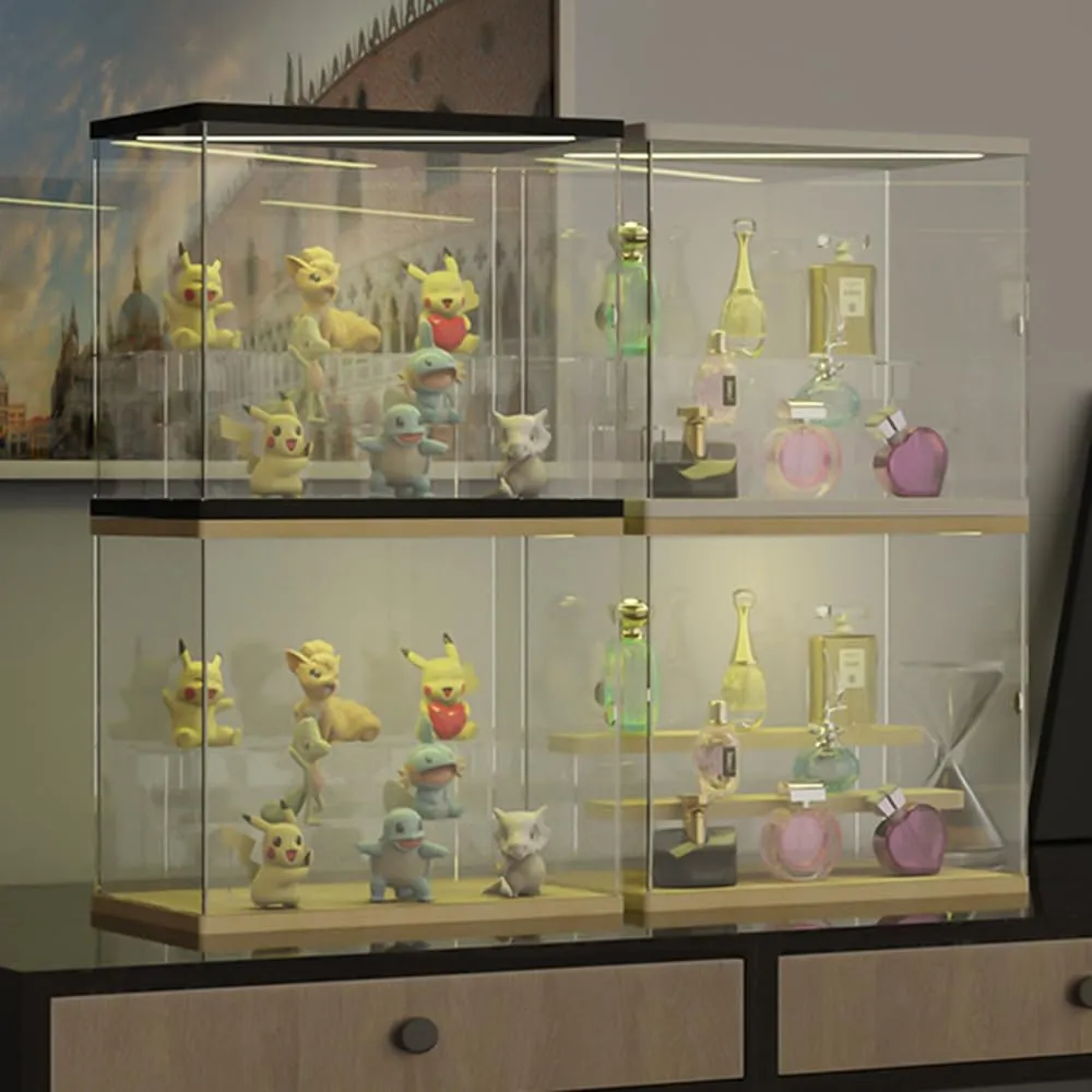 10.4" H, White Nynelly Acrylic Display Case with Light, 3 Tier Clear Display Box enhance concentration Stand for Collectibles, Mini Figures Toy, Assembly Countertop Dustproof Showcase with Door, 12.4" L x 7.1" W x 
