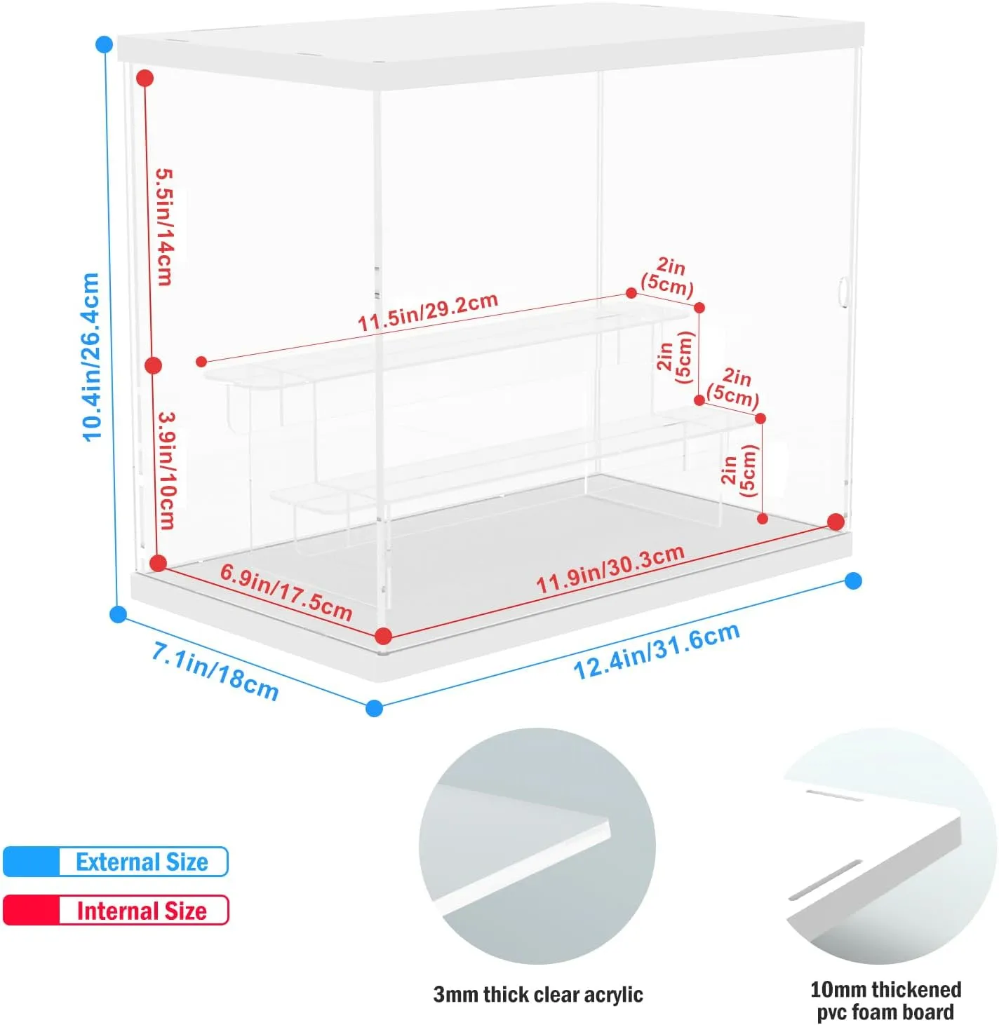 10.4" H, White Nynelly Acrylic Display Case with Light, 3 Tier Clear Display Box enhance concentration Stand for Collectibles, Mini Figures Toy, Assembly Countertop Dustproof Showcase with Door, 12.4" L x 7.1" W x 