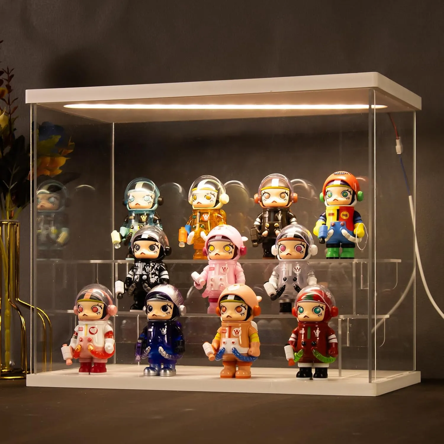 10.4" H, White Nynelly Acrylic Display Case with Light, 3 Tier Clear Display Box enhance concentration Stand for Collectibles, Mini Figures Toy, Assembly Countertop Dustproof Showcase with Door, 12.4" L x 7.1" W x 