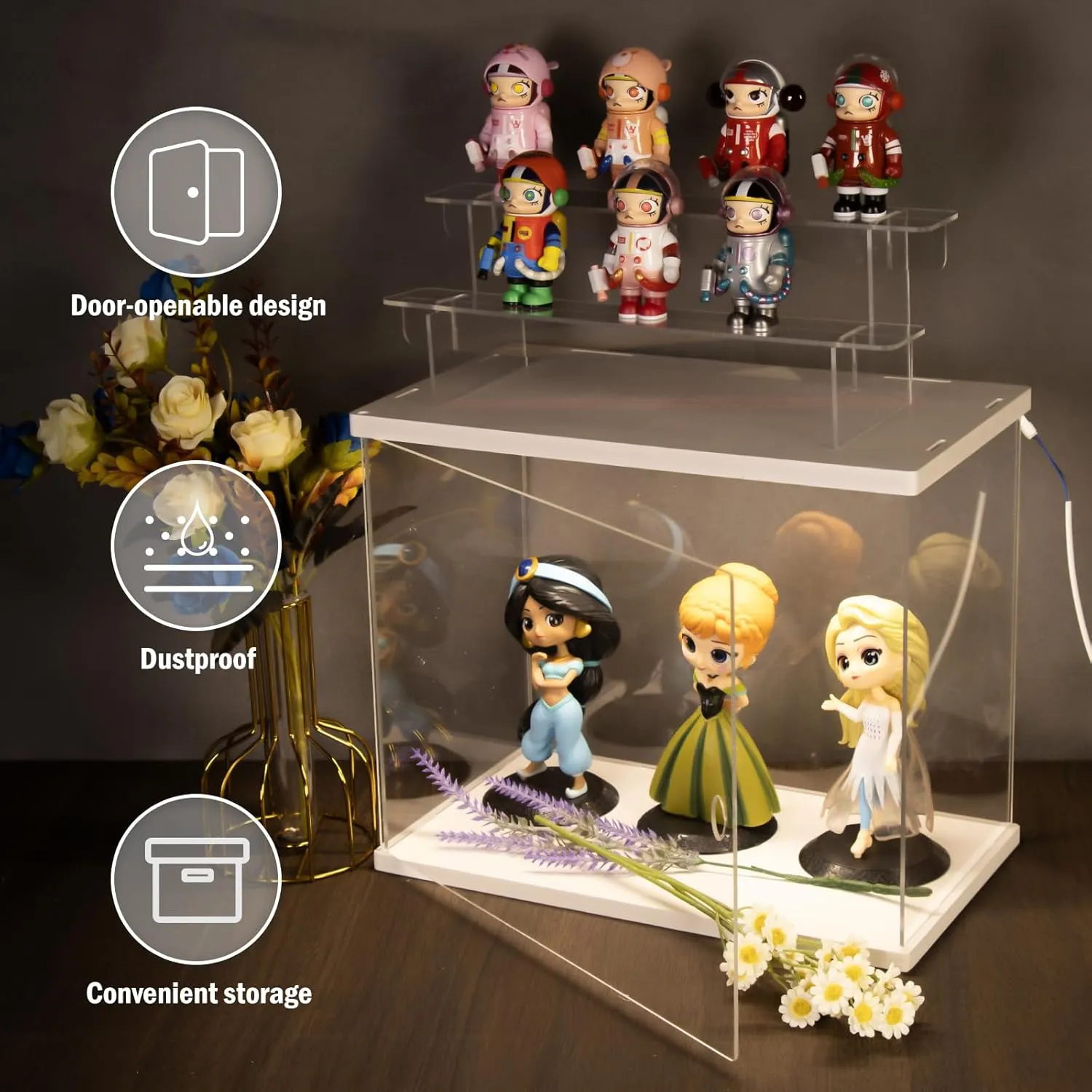 10.4" H, White Nynelly Acrylic Display Case with Light, 3 Tier Clear Display Box enhance concentration Stand for Collectibles, Mini Figures Toy, Assembly Countertop Dustproof Showcase with Door, 12.4" L x 7.1" W x 