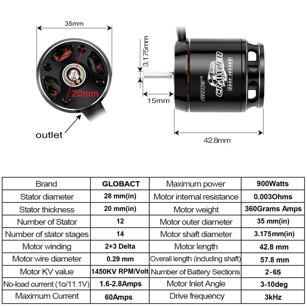 1450KV 3542 Brushless Motor quell RC Crawler Motor for 1/8 1/10 TRX4 TRX6 Axial SCX10 I II III RC Crawler Car LCG Chassis (1450KV) GLOBACT 