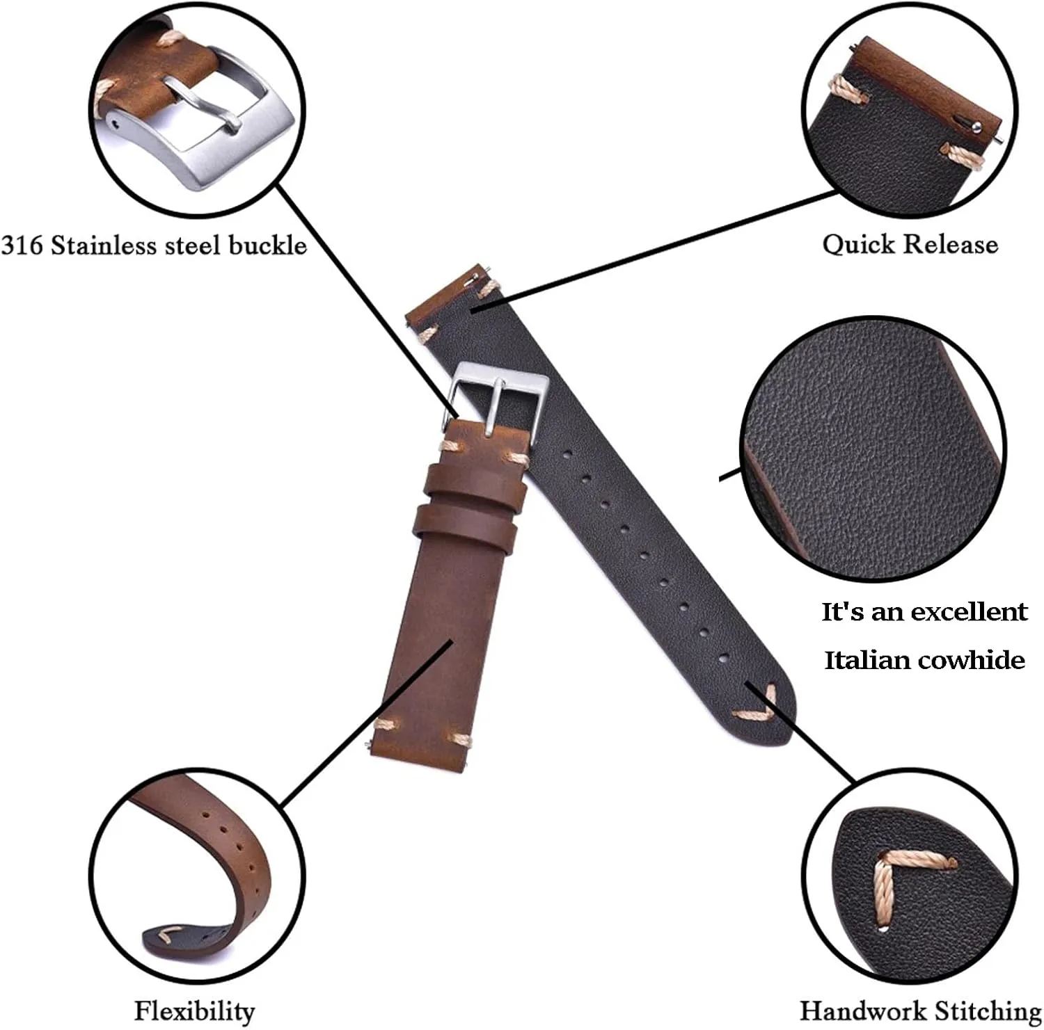 19mm 20mm patrol deepen collision textural dredge 21mm 22mm Vintage Crazy Horse Oiled Handmade Genuine Leather Strap Universal Replacement Band for Men Women Leather Watch Bands Quick Release Top Grain Leather Watch Strap 