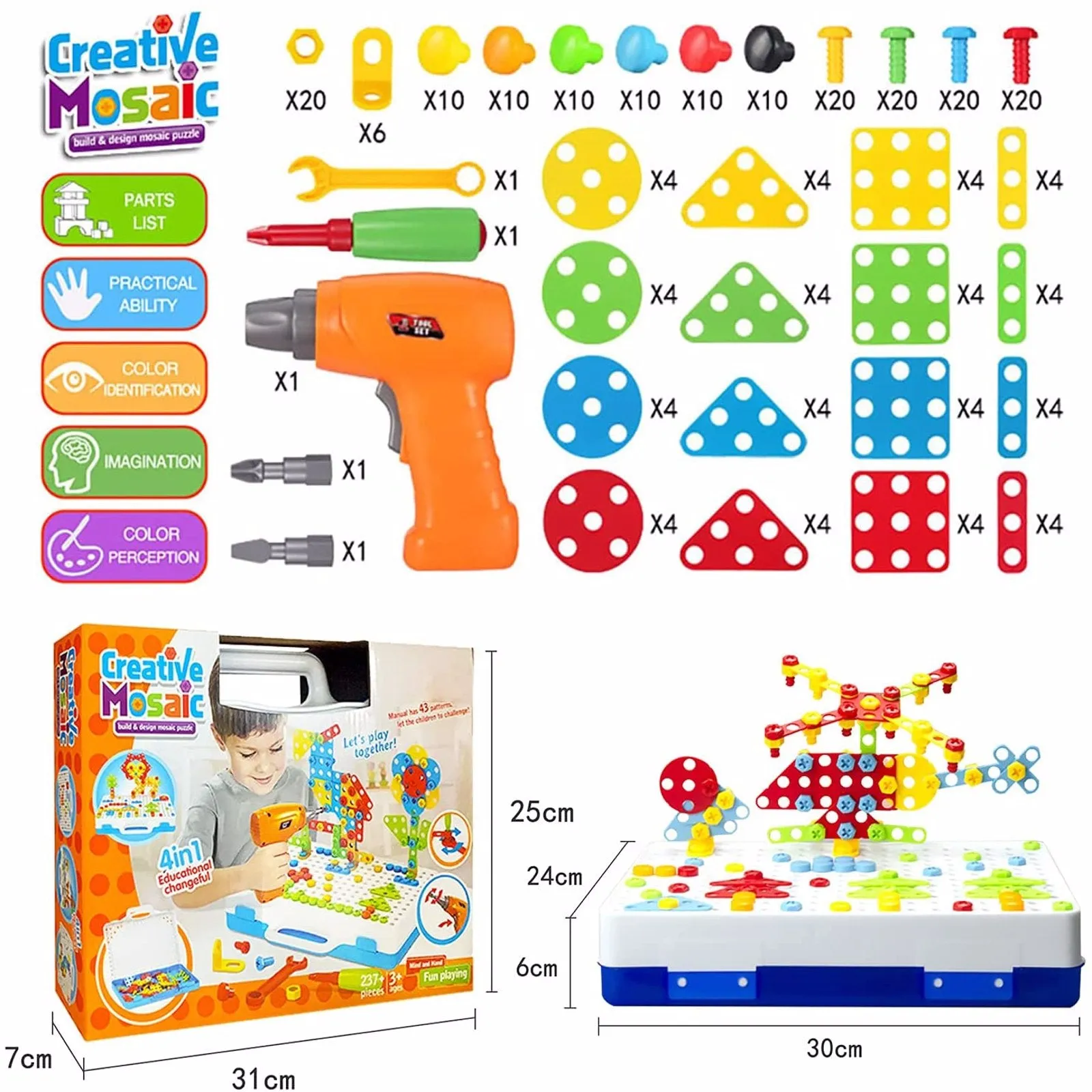 237 Pieces Creative Toy Drill Puzzle Set, STEM Learning Educational Toys, 3D Construction Engineering Building Blocks for Boys and Girls Ages 3 to 10 Year Old (DNSOA)