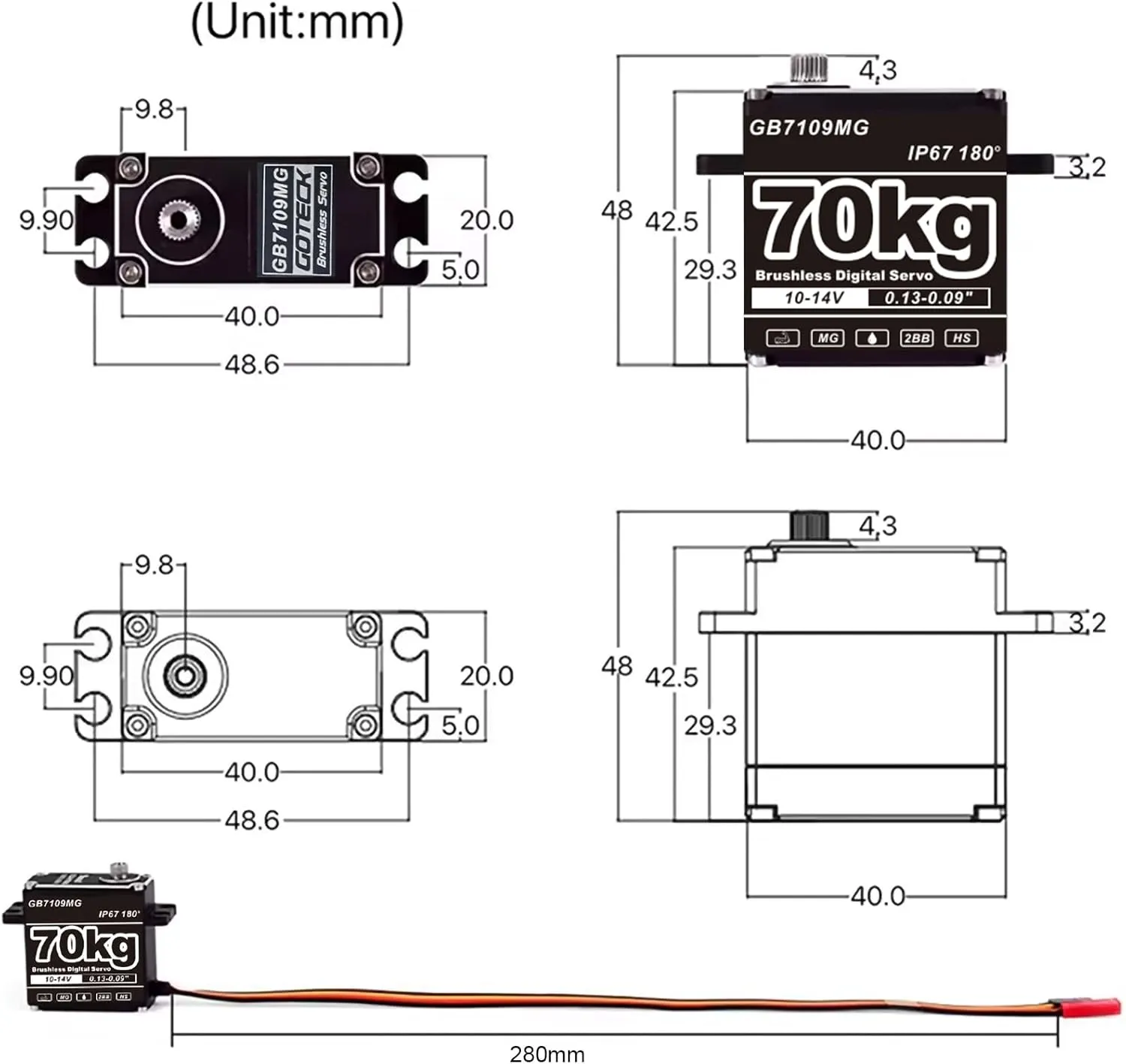 25T Servo Horn for 1/8 1/10 RC Crawler Car$Robot$Boat$Truck Robot Parts (GB7109MG-180��) GOTECK 70KG Brushless Digital Servo$High Voltage 14V Metal Gear Waterproof compromise duration exclusion fumigate infiltrate resistant Steering Servo with 