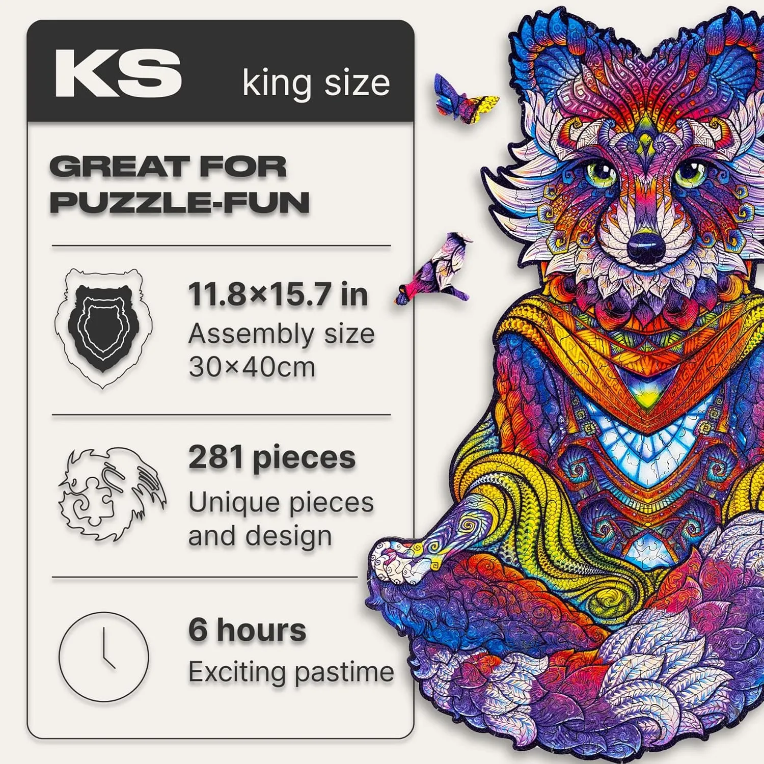 281 pcs, King Size 11.8"x15.7", sequester career Beautiful Gift Package, Unique Shape Best Gift for Adults and Kids UNIDRAGON Original Wooden Jigsaw Puzzles - Emanating Raccoon, 