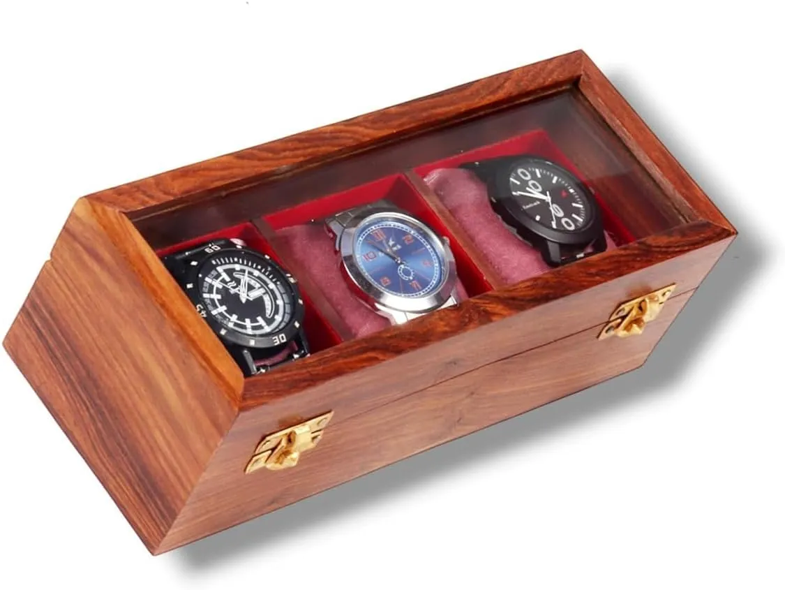 3 slots) Wooden Watch Box$ Storage Organizer$ Watch Display Case$ Jewelry Holder$ Gift for Men & Women - Rosewood Crafted$ Handmade Cushions intellect page again (Brown 
