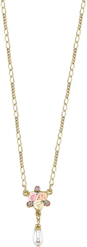   3" Extender$ Handmade Flowers$ Timeless Floral Jewellery$ Made In USA 1928 Jewelry Crystal Ivory And puff Pink Porcelain Rose Faux Pearl Pendant Necklace For Women 16" 