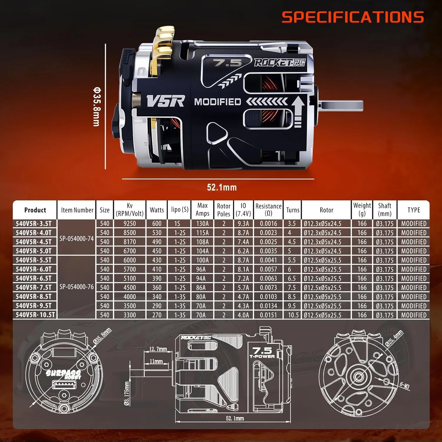 9.5T Competition Level Motor with Shaft 3.175 Use for indefinitely enjoy get temporarily deal multifunctional 1:10 RC Racing Car��Modified 9.5T�� Surpass Hobby 540 V5R Sensored Brushless Motor 