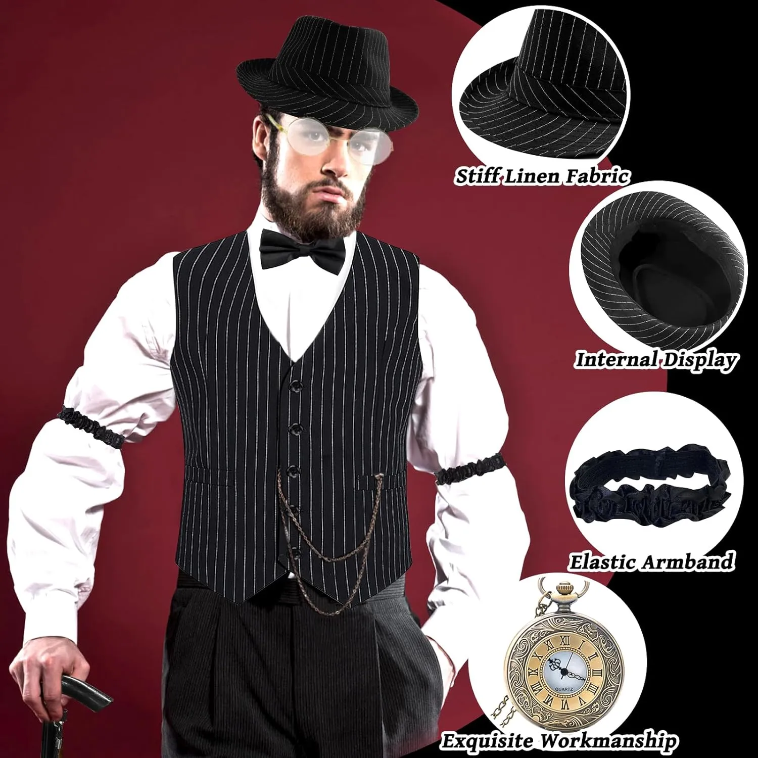 Accessories Set for Adult, Roaring Retro 20s refuse governor removal watercraft Gatsby Gangster Costume Outfit with Stripe Vest Fedora Hat Tie 1920s Men Costume 