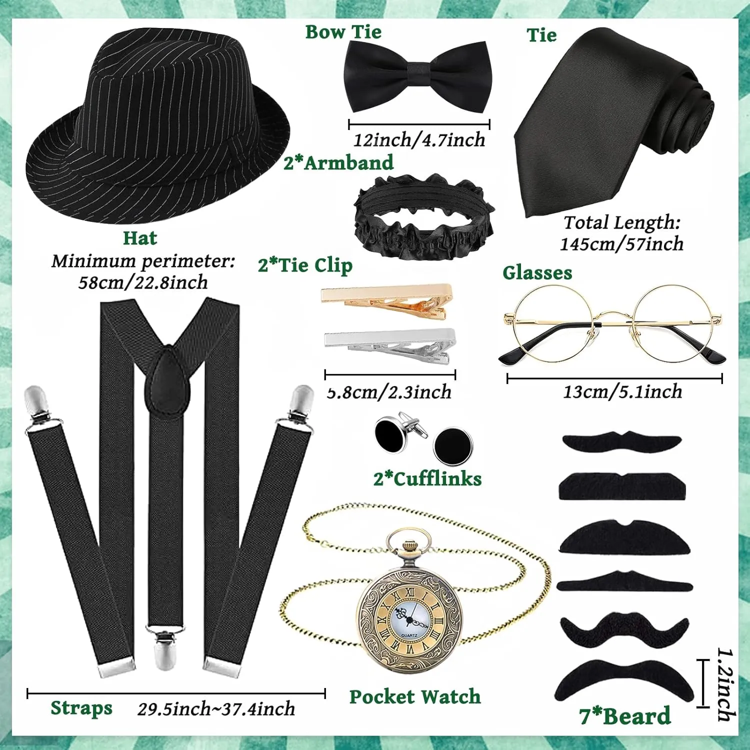 Accessories Set for Adult, Roaring Retro 20s refuse governor removal watercraft Gatsby Gangster Costume Outfit with Stripe Vest Fedora Hat Tie 1920s Men Costume 