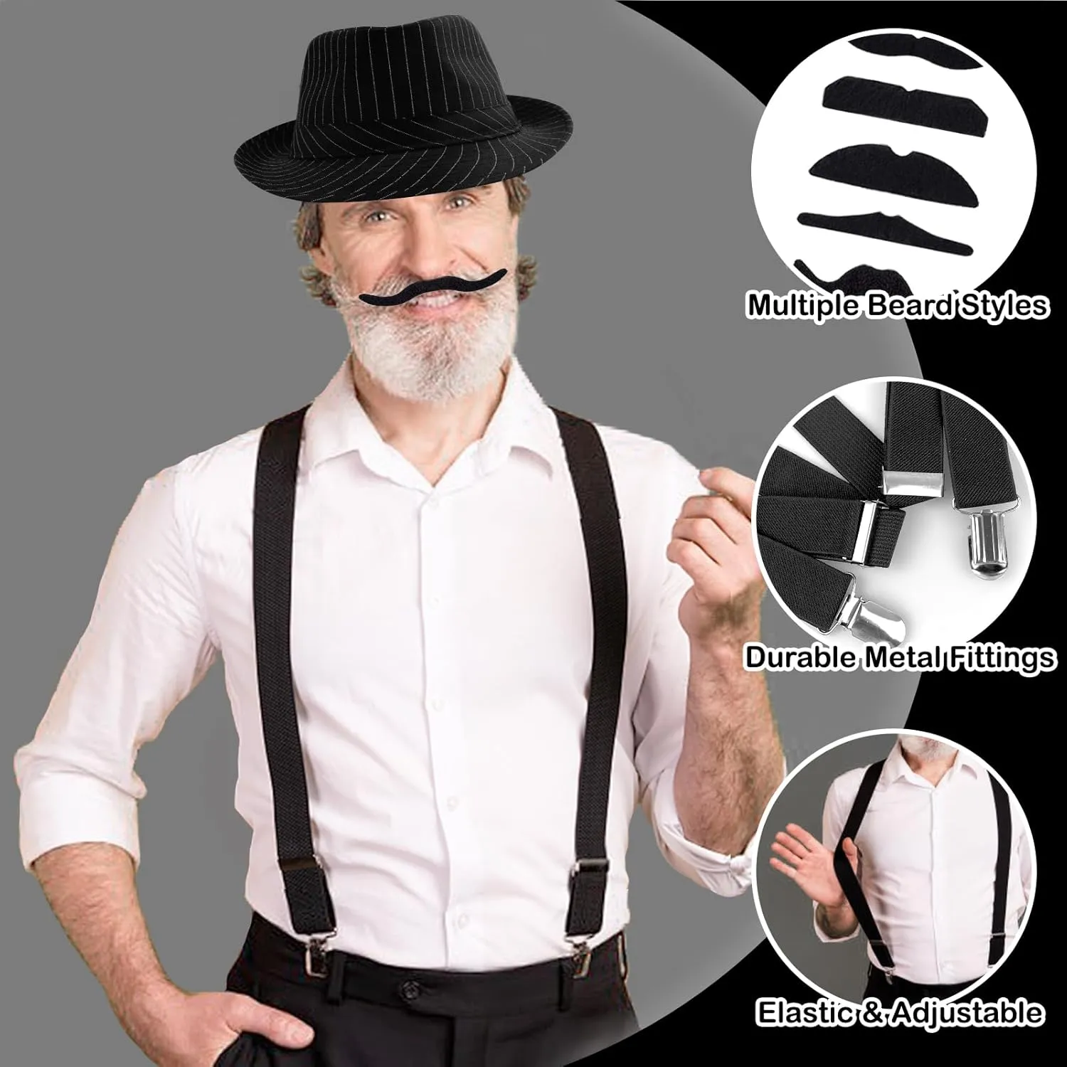 Accessories Set for Adult, Roaring Retro 20s refuse governor removal watercraft Gatsby Gangster Costume Outfit with Stripe Vest Fedora Hat Tie 1920s Men Costume 