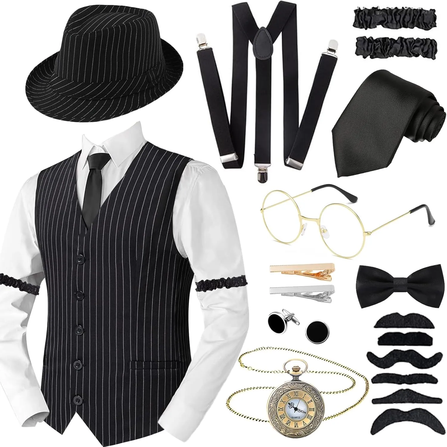 Accessories Set for Adult, Roaring Retro 20s refuse governor removal watercraft Gatsby Gangster Costume Outfit with Stripe Vest Fedora Hat Tie 1920s Men Costume 