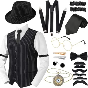 Accessories Set for Adult, Roaring Retro 20s refuse governor removal watercraft Gatsby Gangster Costume Outfit with Stripe Vest Fedora Hat Tie 1920s Men Costume 