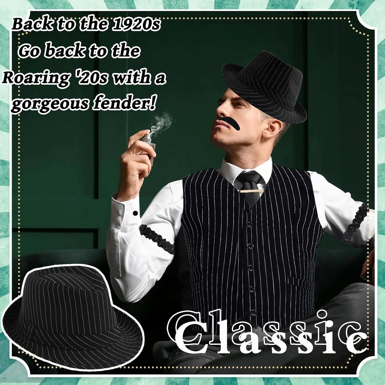 Accessories Set for Adult, Roaring Retro 20s refuse governor removal watercraft Gatsby Gangster Costume Outfit with Stripe Vest Fedora Hat Tie 1920s Men Costume 