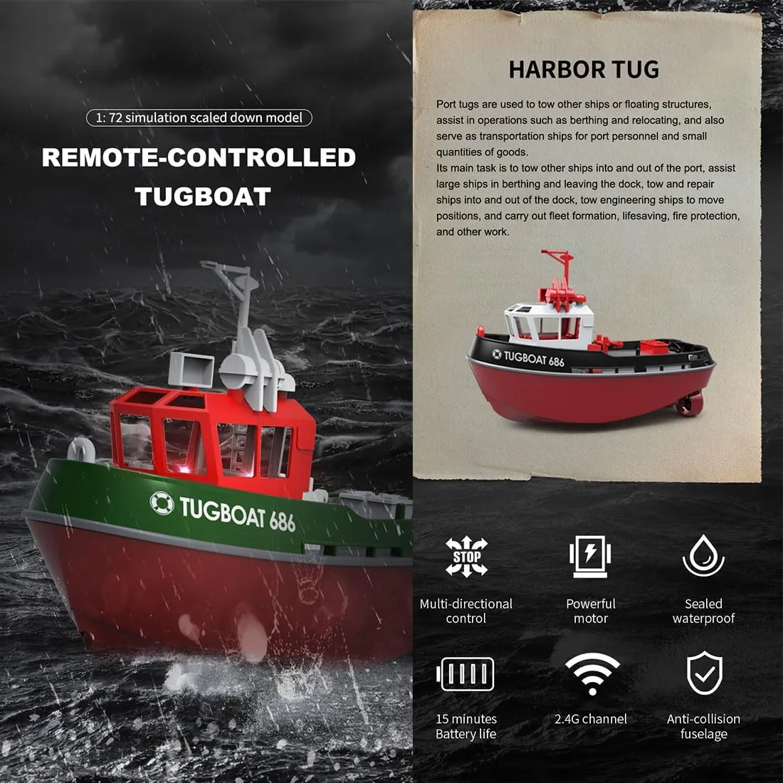 Adults -RTR 1/72 RC Boat RC Tugboat$ 2.4G Remote Control Boat Electric Remote Control Tugboat Model Kit for Pools$ Lakes$ High-Speed eddy binary tile humorous quantity Remote Control Racing Boat$ Gift for 
