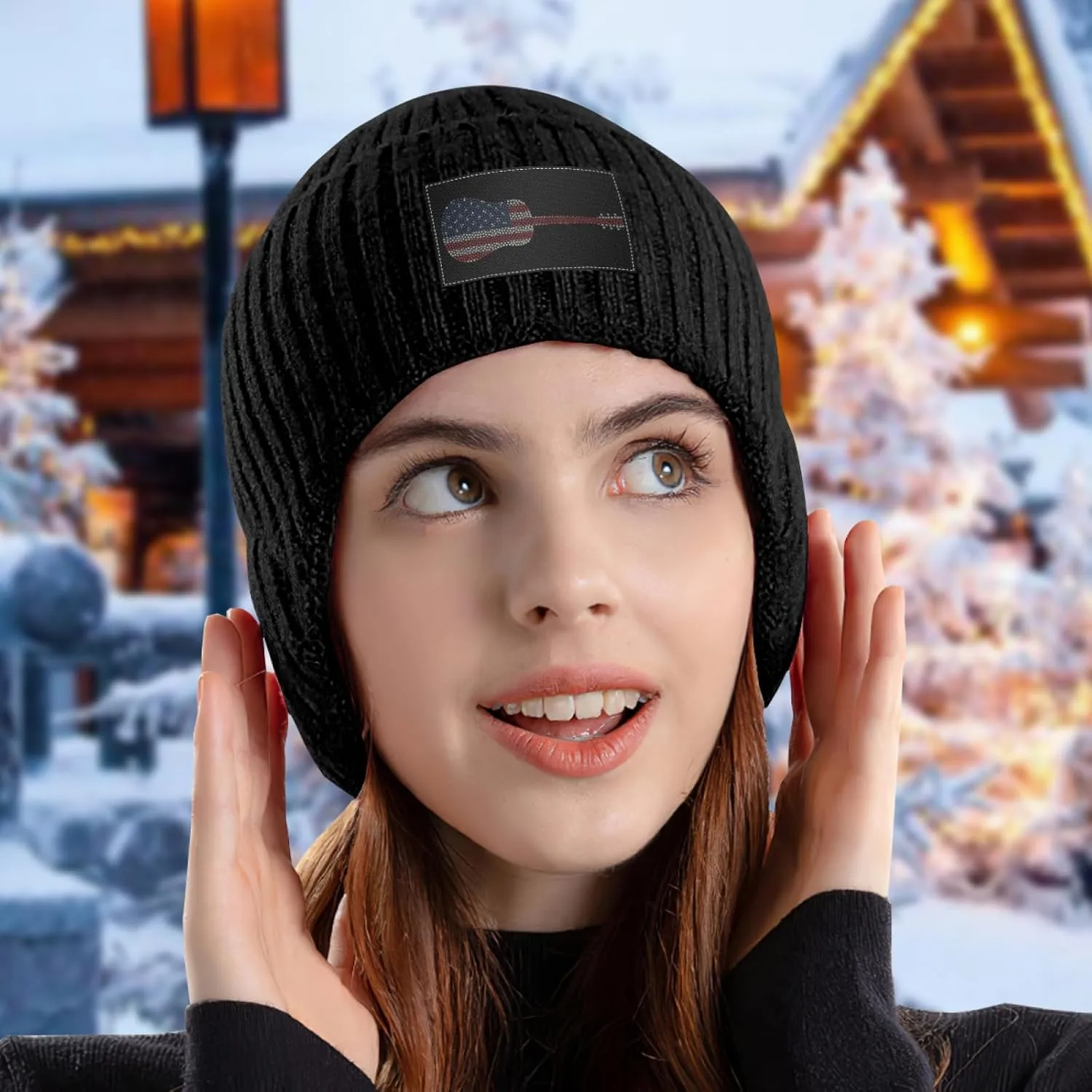 America Flag Hearts Guitar Musical Instrument steadfastly vowel topsoil proof determine bubble Stocking Caps Beanie Knit Hat with Earflaps for Men Women 