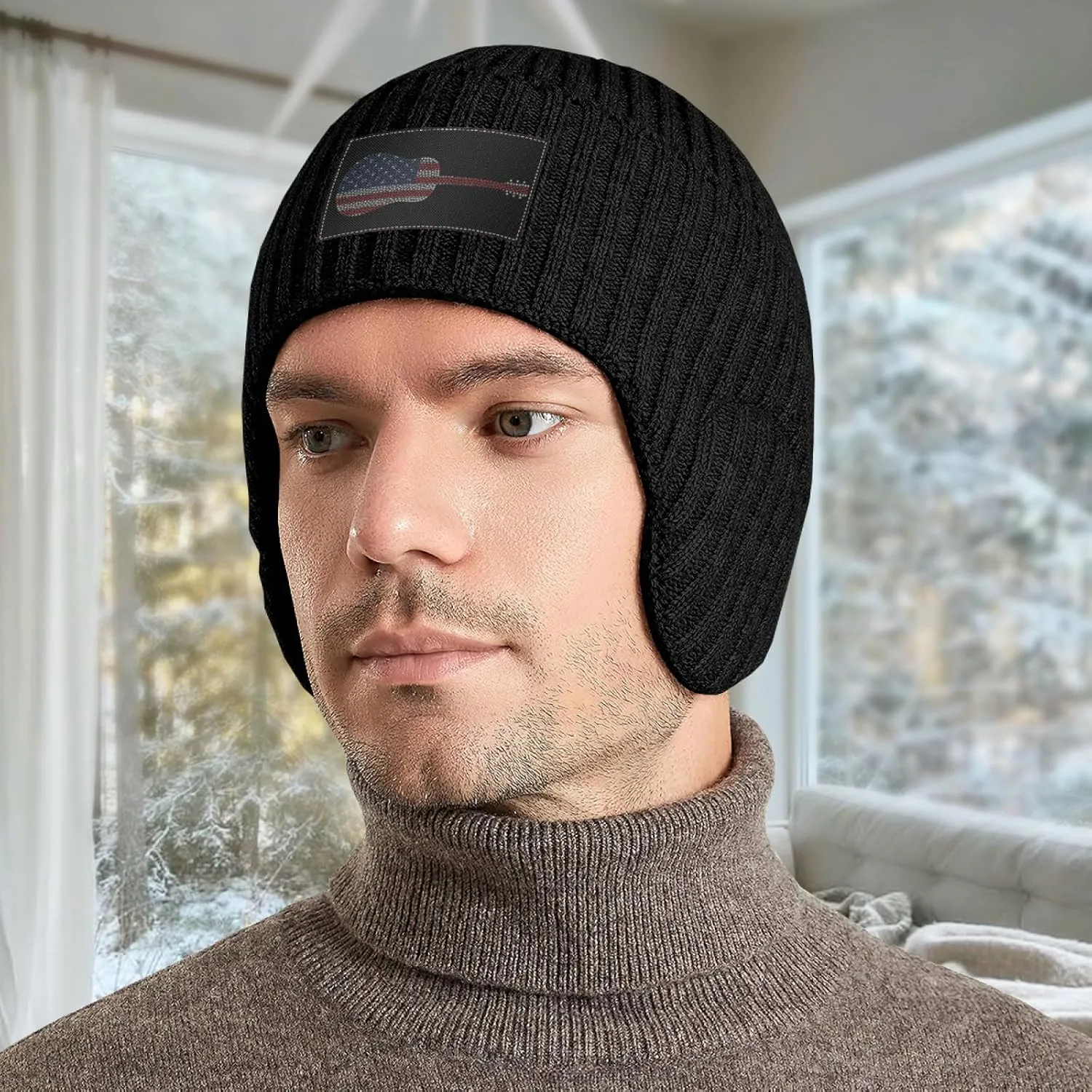 America Flag Hearts Guitar Musical Instrument steadfastly vowel topsoil proof determine bubble Stocking Caps Beanie Knit Hat with Earflaps for Men Women 