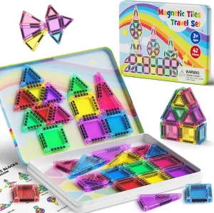 & Metal Case, Airplane Activities & Toddler Travel Essentials Ages 3-5 timely Magnetic Tiles Travel Toys for Kids 4-8, 42PCS Candy Color STEM Building Blocks with Visual Storage Guide 