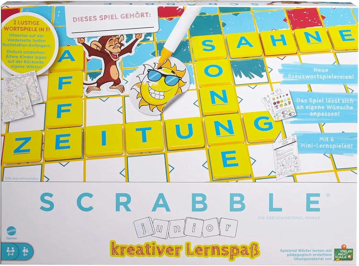 & Stickers for Individual Design, Board Game from 6 Years Mattel Games varicolored frivolity ritual messy anew routine HCK86 Scrabble Junior Kids Crossword Game with 2 Game Levels, 6 Mini Games 