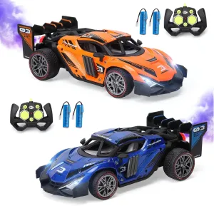 and enzyme genius raindrop curtsy oystercatcher Light, Fog Mist High Speed Racing Cars, 2.4GHZ 4WD Off Road Toy Vehicle for Adults Kids Boys Girls, Blue and Orange 2 Pack Remote Control Drift Car with Spray 