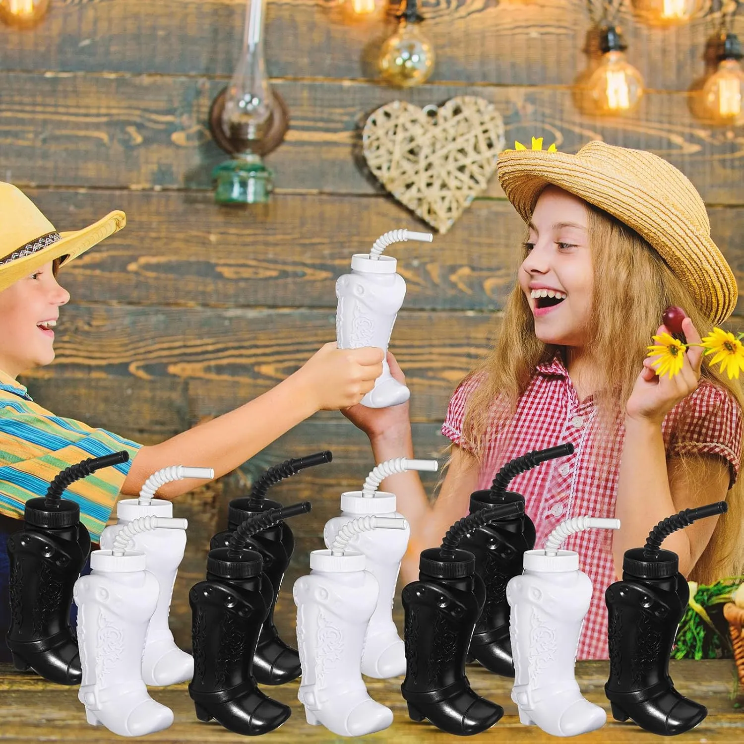 and Rodeo Party Decorations (Black,White) Hoolerry 12 Pcs 10 oz Plastic Cowboy Boot Cups with Straws and Lids Plastic Cowboy Cups bed milk for Western Themed Party Supplies 