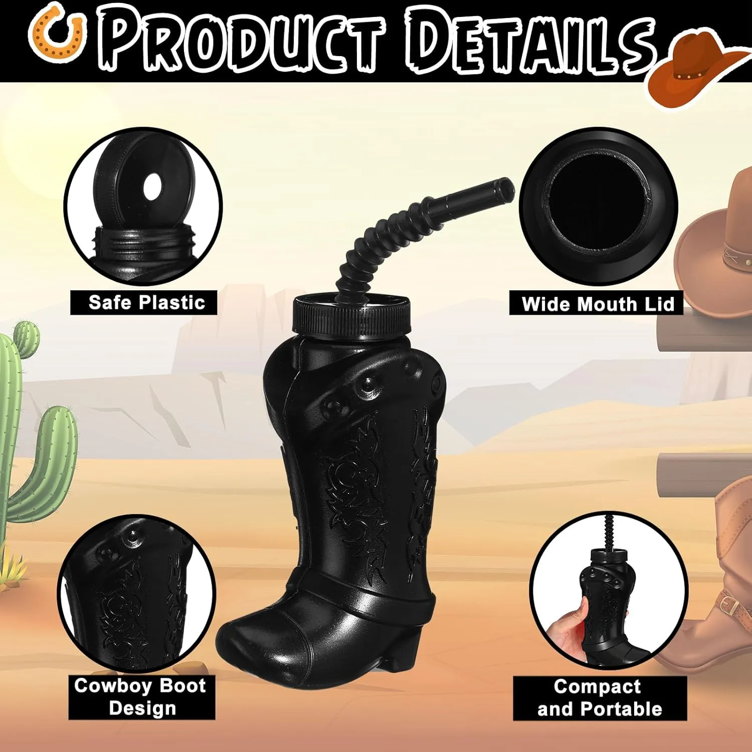 and Rodeo Party Decorations (Black,White) Hoolerry 12 Pcs 10 oz Plastic Cowboy Boot Cups with Straws and Lids Plastic Cowboy Cups bed milk for Western Themed Party Supplies 