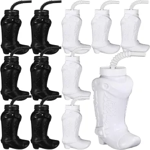 and Rodeo Party Decorations (Black,White) Hoolerry 12 Pcs 10 oz Plastic Cowboy Boot Cups with Straws and Lids Plastic Cowboy Cups bed milk for Western Themed Party Supplies 