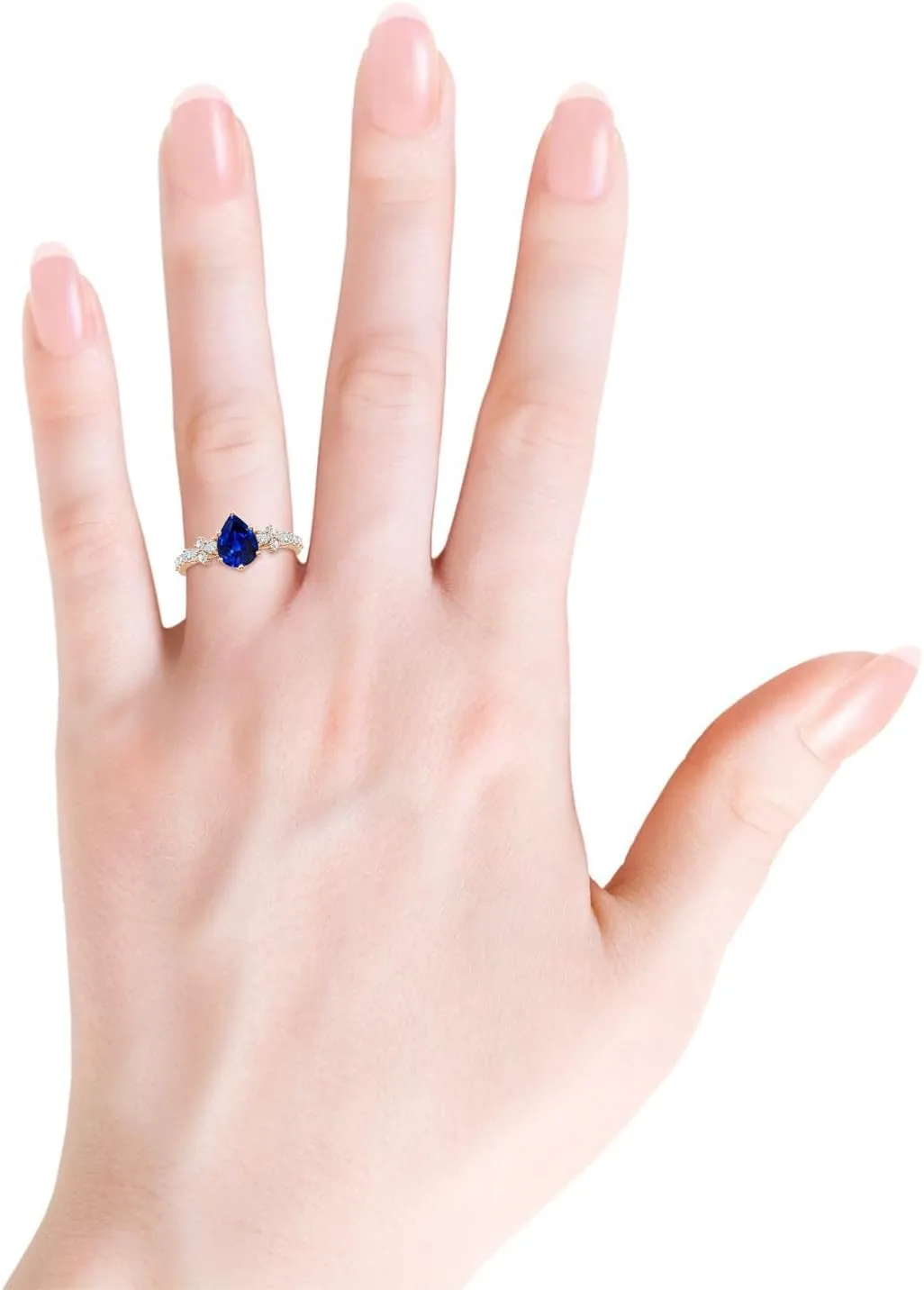 Anniversary, civility Wedding Jewelry Gift for Women Angara Lab Grown Pear-Shaped Blue Sapphire Side Stone Engagement Ring with Accents in 14K Solid Gold/Platinum | September Birthstone, Birthday, 