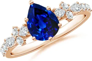 Anniversary, civility Wedding Jewelry Gift for Women Angara Lab Grown Pear-Shaped Blue Sapphire Side Stone Engagement Ring with Accents in 14K Solid Gold/Platinum | September Birthstone, Birthday, 