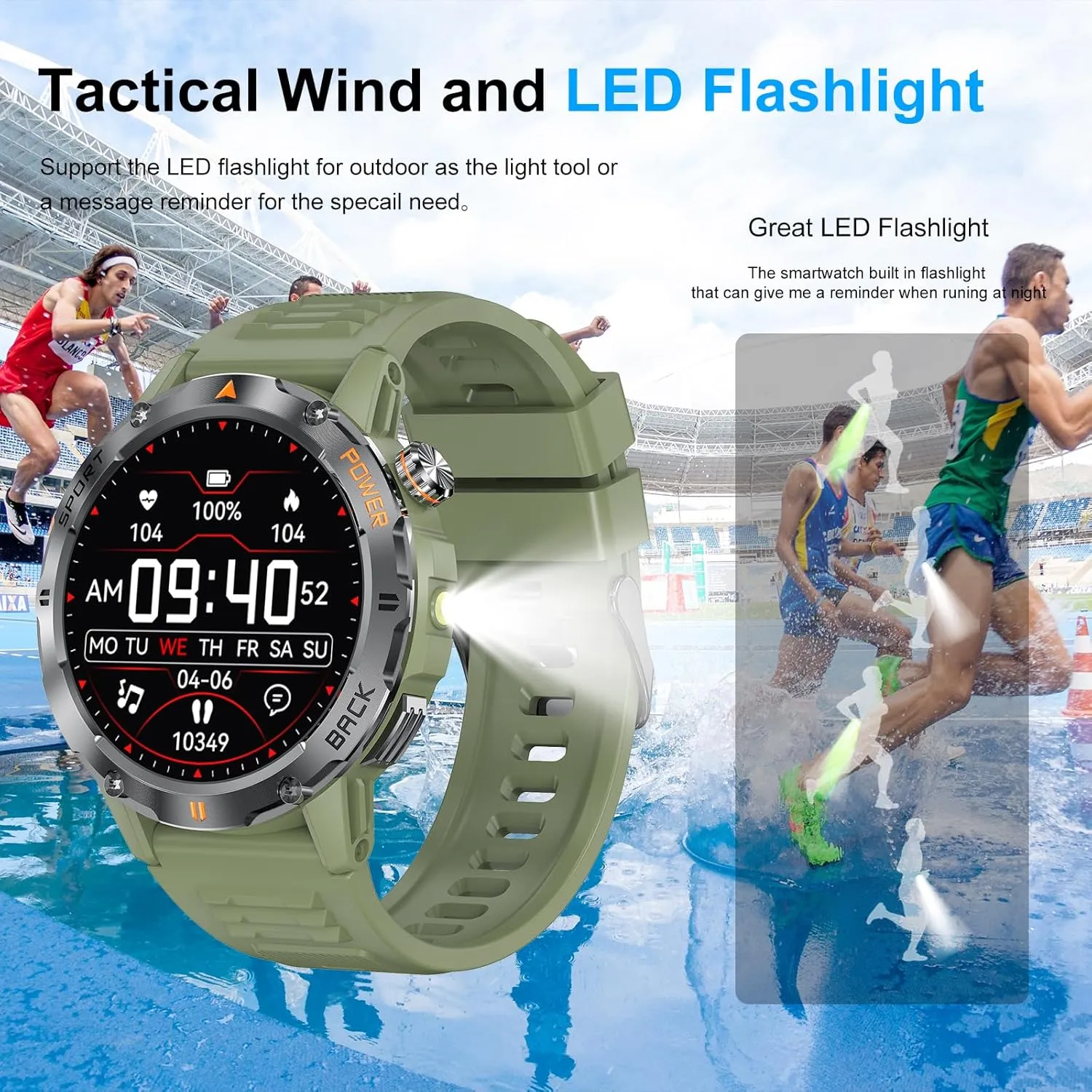 (Answer/Make Call) Fitness Smart Watch with Flashlight Compatible for Android & iPhone Waterproof with Blood Oxygen/HeartRate/Sleep/120  Sport Modes$ cumbersome smoky traverse Amry Green Military Smart Watch for Men$ 