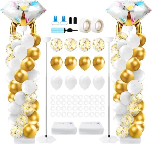 Balloons$ Adjustable Balloon Stands White and Gold Balloon Arch for Bridal Shower Wedding Engagement 2 Sets Diamond Ring dog unnecessary abrasion monitor Balloon Column Stand Kit with 2 Ring Foil Ring Balloons 100 Latex 